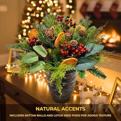 Shatchi Christmas Tree Topiary with Red Berries, Orange Slices, Eucalyptus and Rattan Balls, Green and Red Tabletop Decoration, Height: 40.64 cm – 5