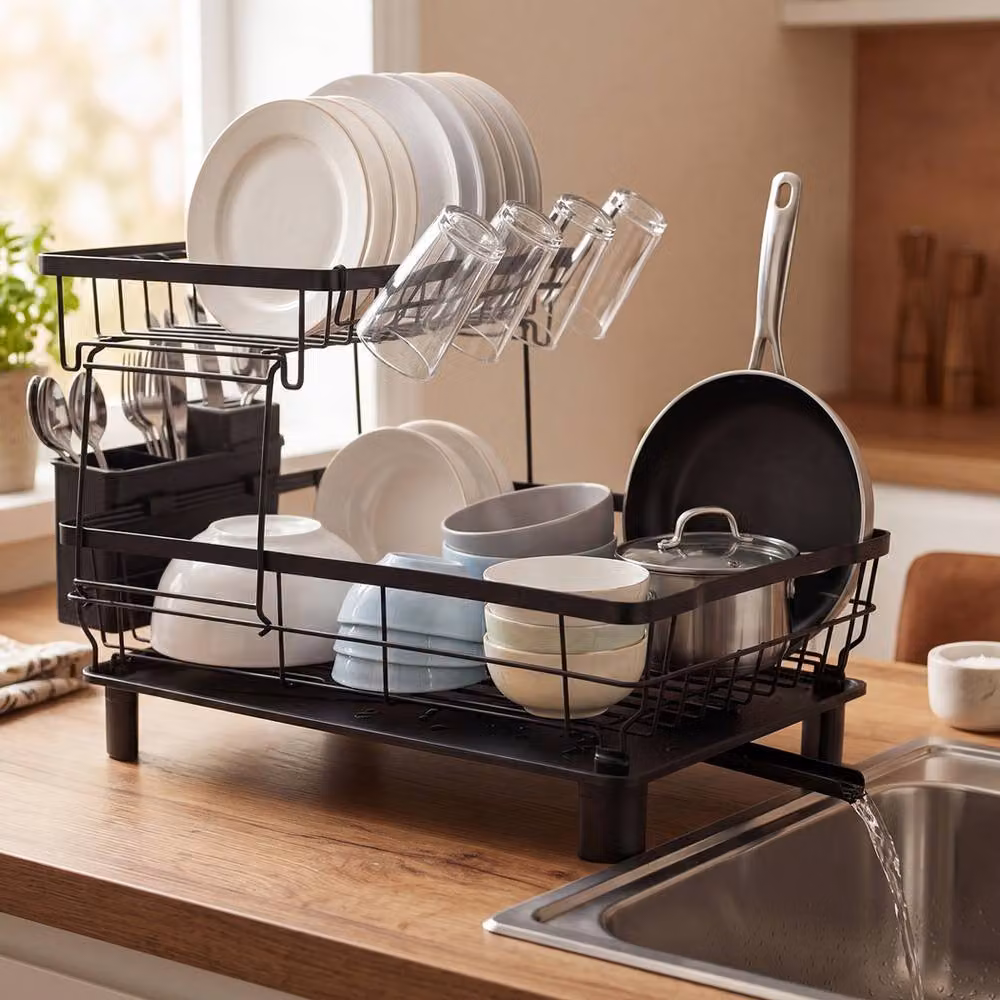 Toque Black Steel Dish Drainer Rack with Drip Tray and Cutlery Holder – 3