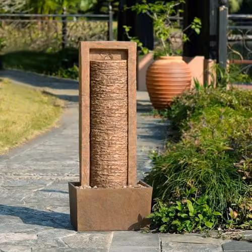 Teamson Home Brown Outdoor Water Feature Tall Cascade Waterfall Fountain with Warm LED Lights and Layered Rock Design – 3