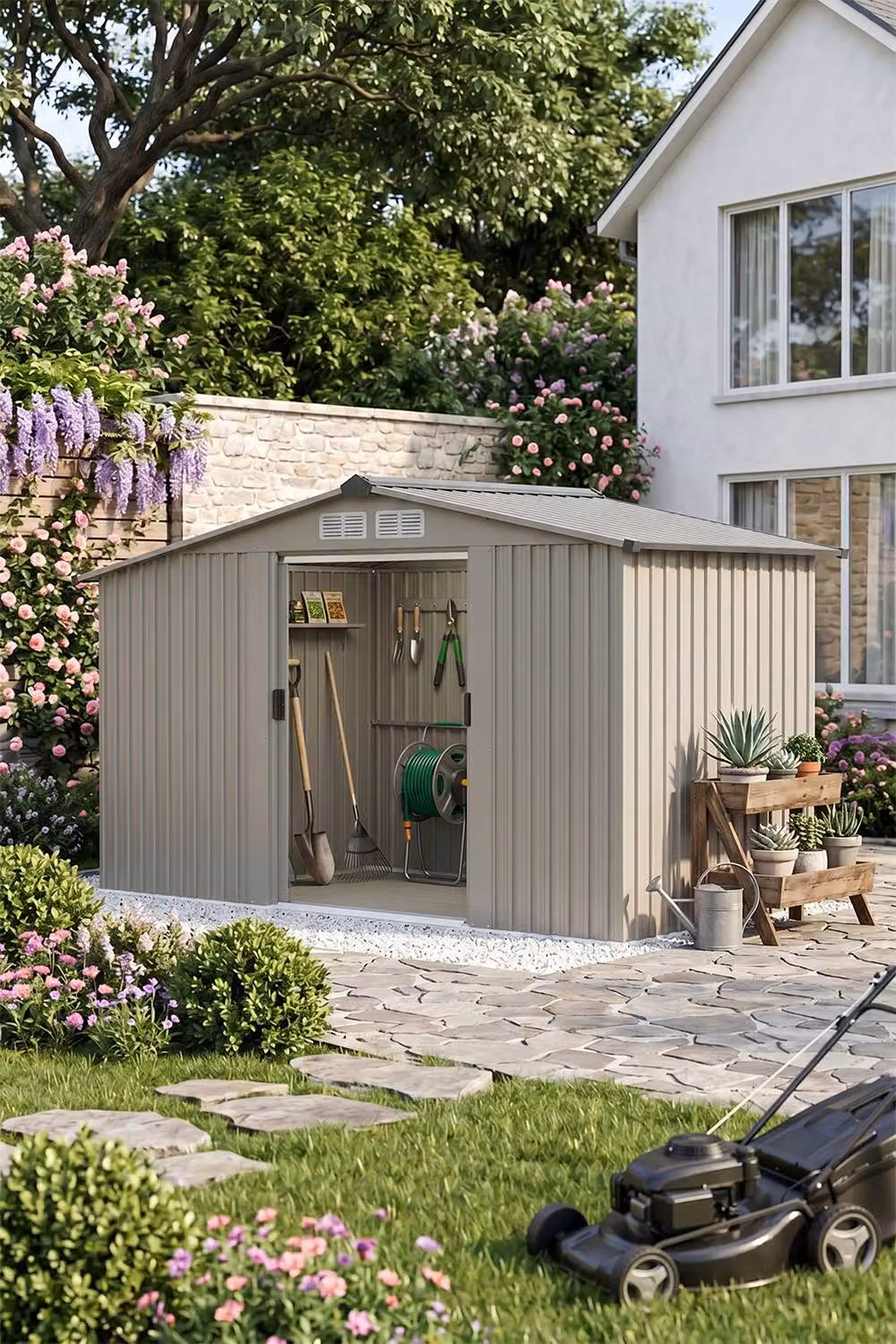 Living and Home Metal Garden Storage Shed with Log Storage in Light Grey – 3