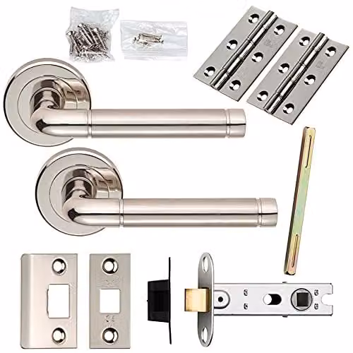 Loops Door Handle and Latch Pack in Polished and Satin Nickel Elliptical Bar with Screwless Rose, Silver