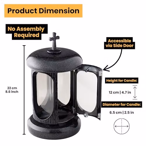 NOVECRAFTO Black Granite Memorial Lantern with Cross, Height: 22 cm – 3