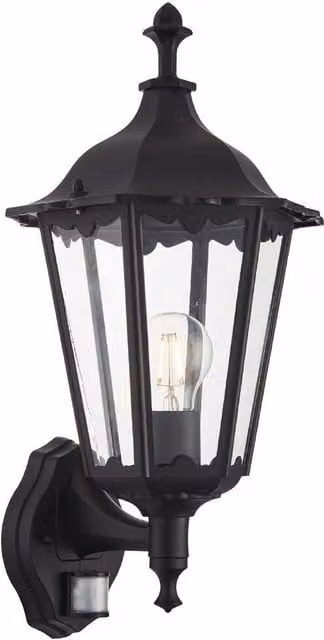 Loops Matt Black and Transparent Glass Traditional Outdoor PIR Wall Lantern with Motion, Dusk, and Timer Sensors, IP44, H 23.5 cm x W 16 cm x D 16 cm