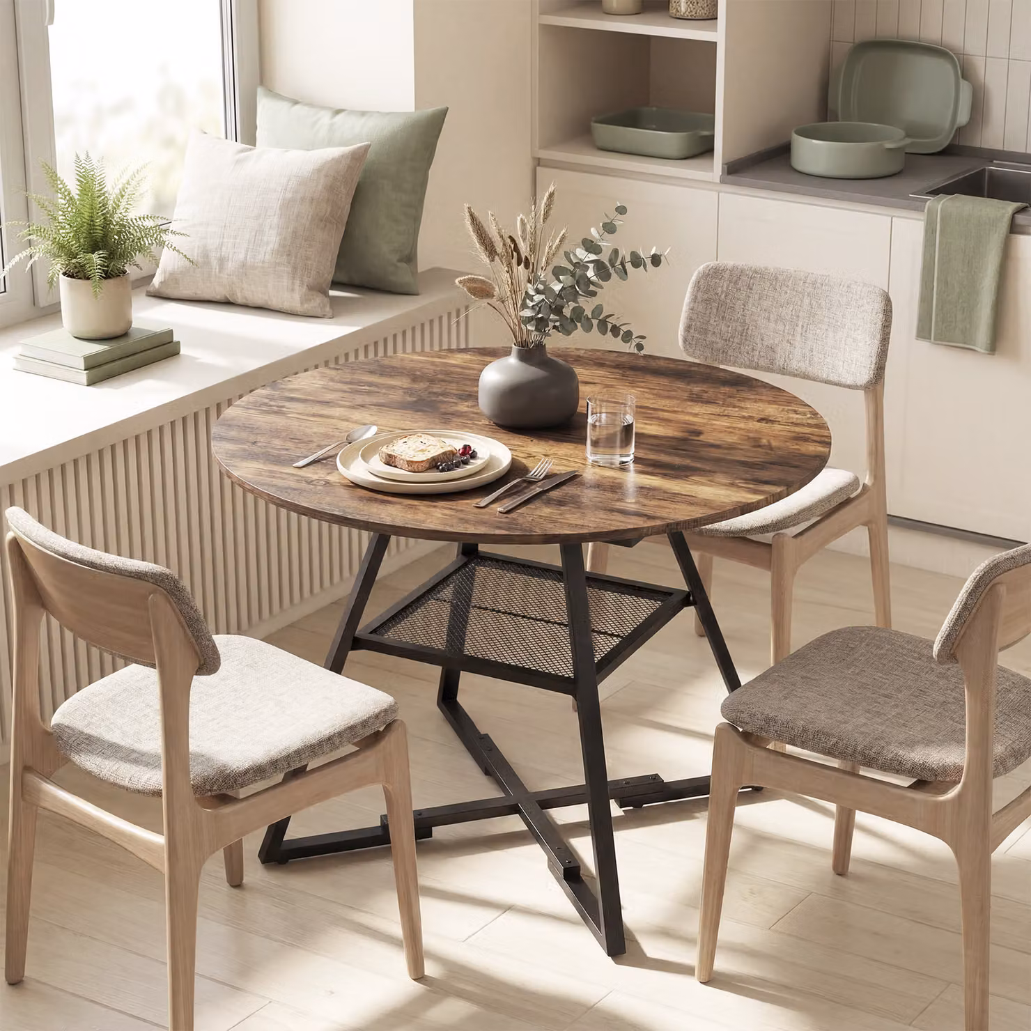 HOMCOM Round Industrial Dining Table for 4 People with Storage Shelf, Rustic Brown and Black – 7