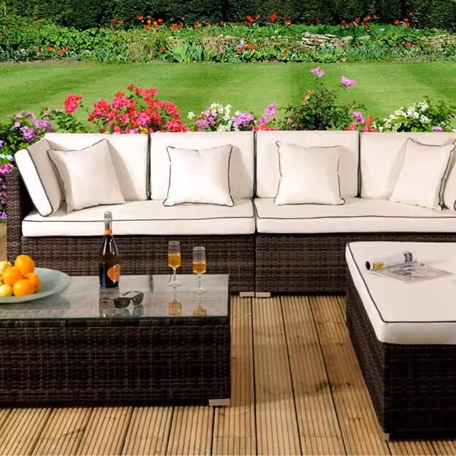 Comfy Living 4 Piece Brown and Beige Rattan Garden Patio Furniture Set with Metal and Glass Details
