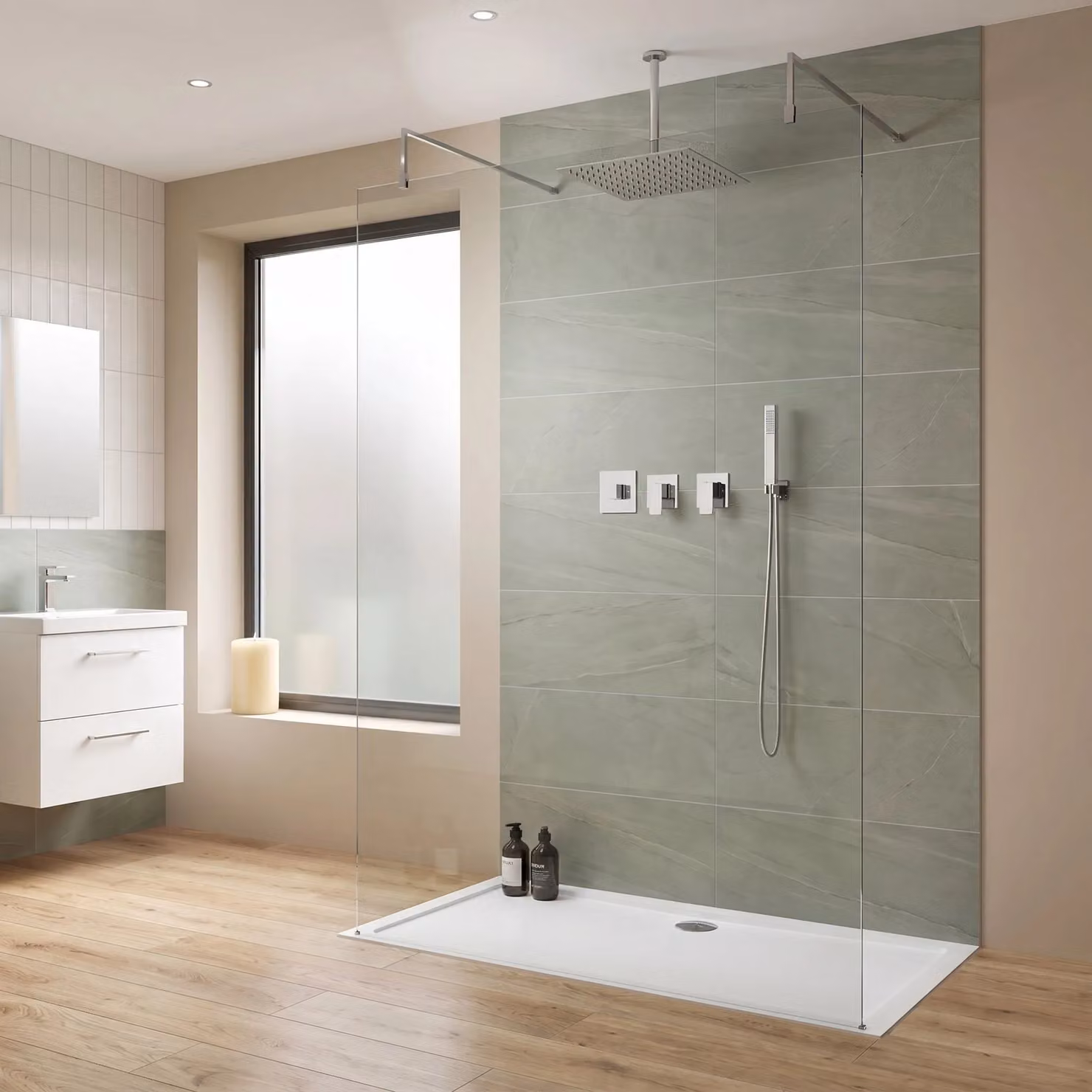 Balterley 2 Outlet Concealed Shower Valves with Handset and Ceiling Mount Arm in Silver – 2