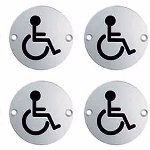 Loops 4 Pack Silver Stainless Steel Bathroom Disabled Symbol Signs, 76mm Diameter