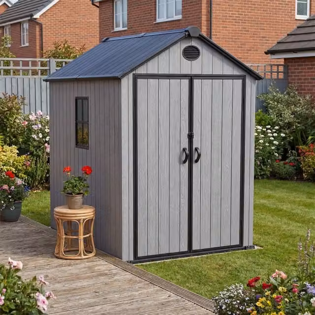 Breeins Apex Roof Wooden Garden Tool Shed in Grey Wood Grain with Double Doors and Gable Roof, Height: 223 cm