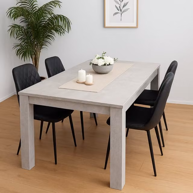 Kosy Koala Modern Rectangular Dining Table and 4 Chairs Set in Grey and Black with Stone Grey Effect MDF Laminate Finish