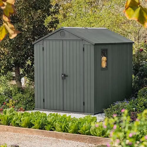 Keter Darwin Outdoor Resin Garden Shed in Green Evotech+ Wood-Look with Double Doors and Window – 2