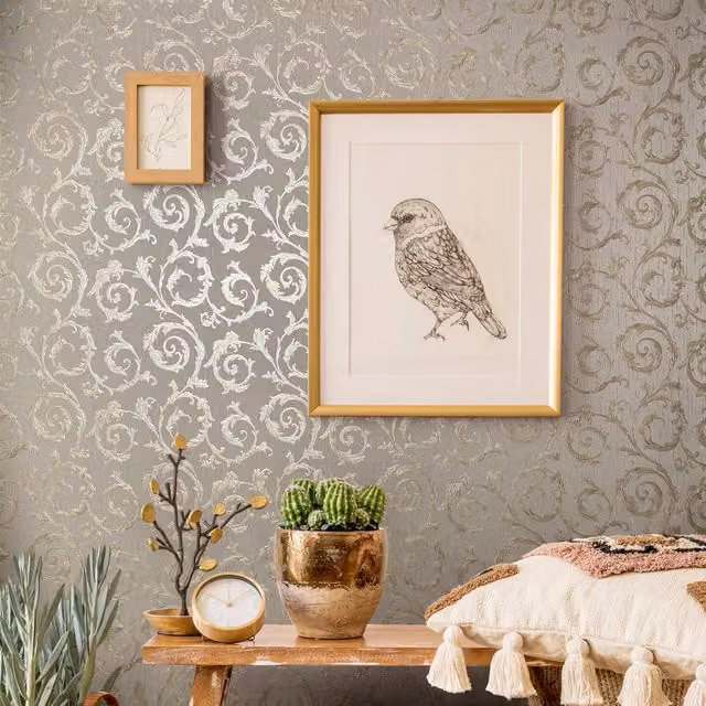 Galerie Industrial Effects Feathered Floral Botanical Wallpaper in Silver Grey and Gold