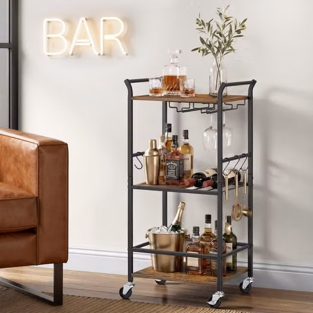 VASAGLE 3-Tier Drinks Trolley Bar Cart in Rustic Brown and Black, W/D/H: 44.5 x 32 x 85.5 cm