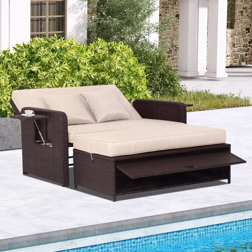 Costway Brown Polyrattan Patio Daybed Set with Loveseat Sofa, Ottoman and Side Tray – 3