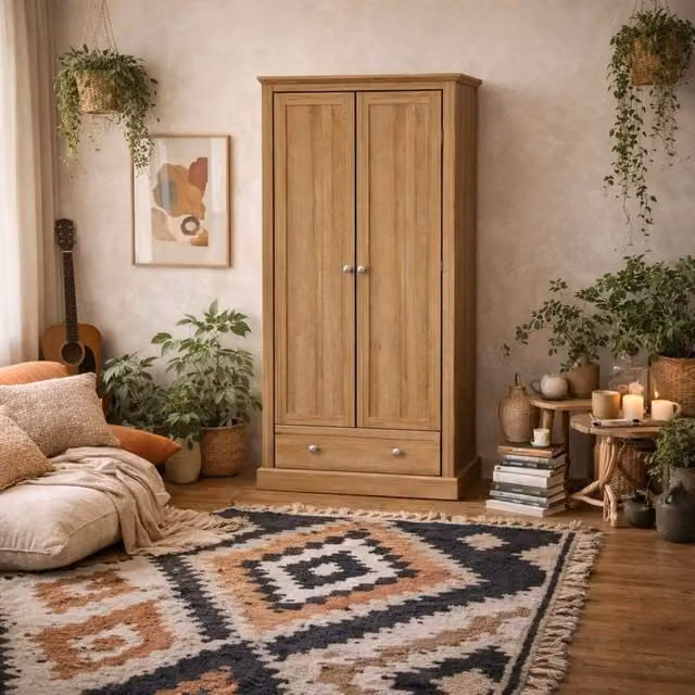 Wyld Haus Ardee Modern 2 Door Wardrobe with Drawer in Natural Oak and Brown – 1