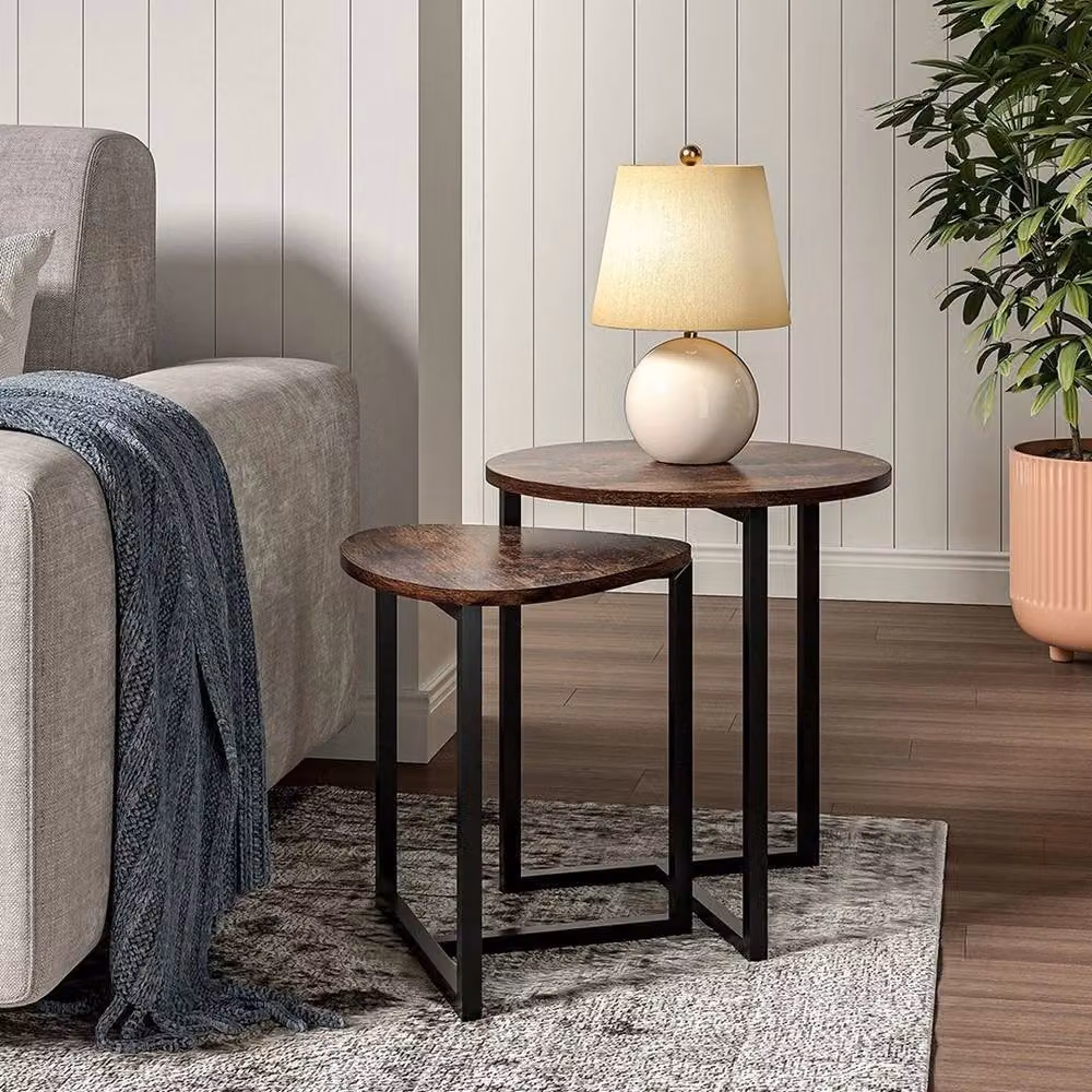 FLAVORA Set of 2 Nesting Stackable Round Coffee Side Tables in Brown – 5