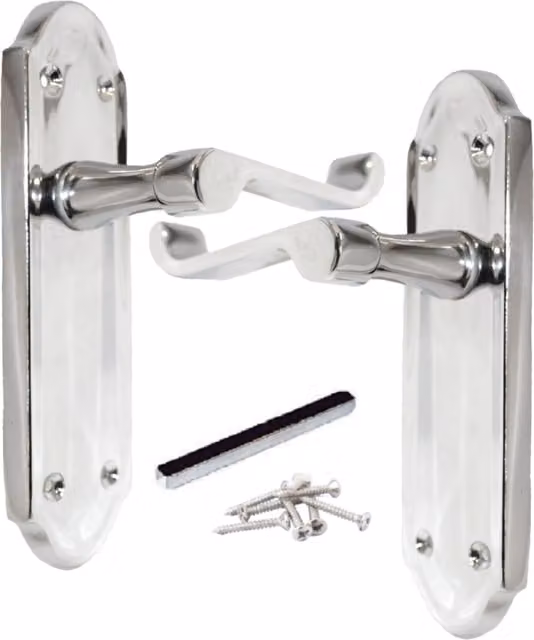 Ashford Door Handle Latch Scroll Lever in Chrome with Long Backplate Set