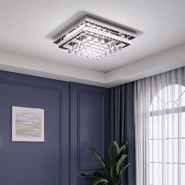Livingandhome Crystal LED Square Flush Ceiling Light in Silver and Chrome with Cool White Light