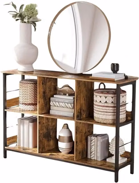 Pirlo Plush Industrial 6 Compartment Book Shelf in Brown and Black with Adjustable Shelves