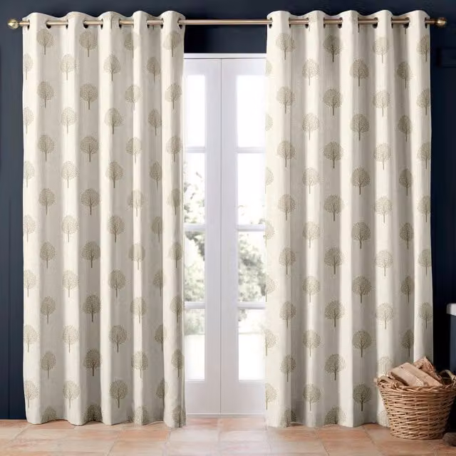 Emily Bond Made to Measure Beige Linen and Cotton Blackout Floral Fabric Panel Curtains with Eyelets