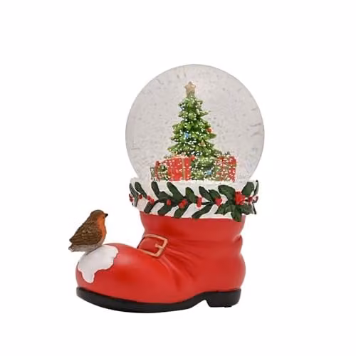 Widdop and Co. The Seasonal Gift Co. Santa Boot with Robin Snowglobe in Red and Green