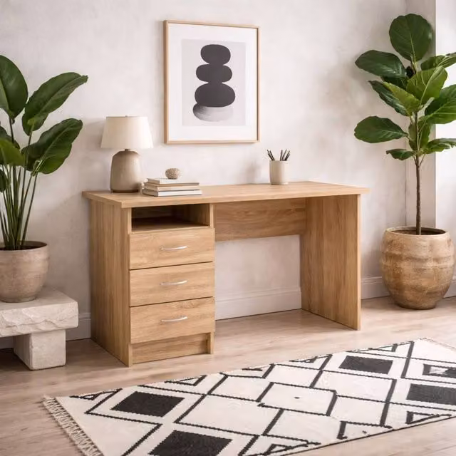 Wyld Haus Billabong Writing Desk in Natural Oak with 3 Drawers, W: 120.1 cm, D: 48.1 cm, H: 72.6 cm