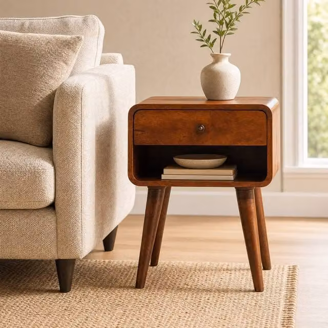 STILVORA Mid-Century Brown Wood Bedside Table with Drawer and Shelf