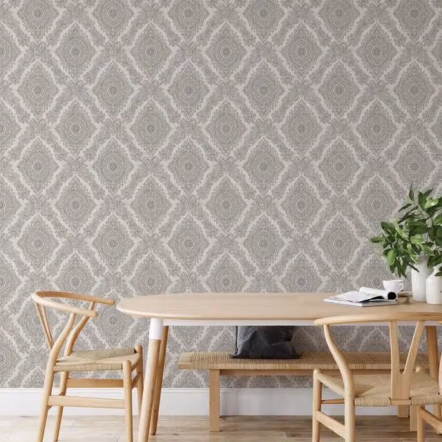 Wallquest Villa Rosa Classic Damask Floral Wallpaper in Silver, Pink, Green and Yellow