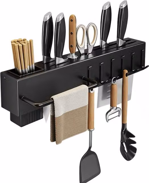 Lifeideas Black Metal Wall Mounted Kitchen Utensil Rack with 6 Hooks, W: 40 cm