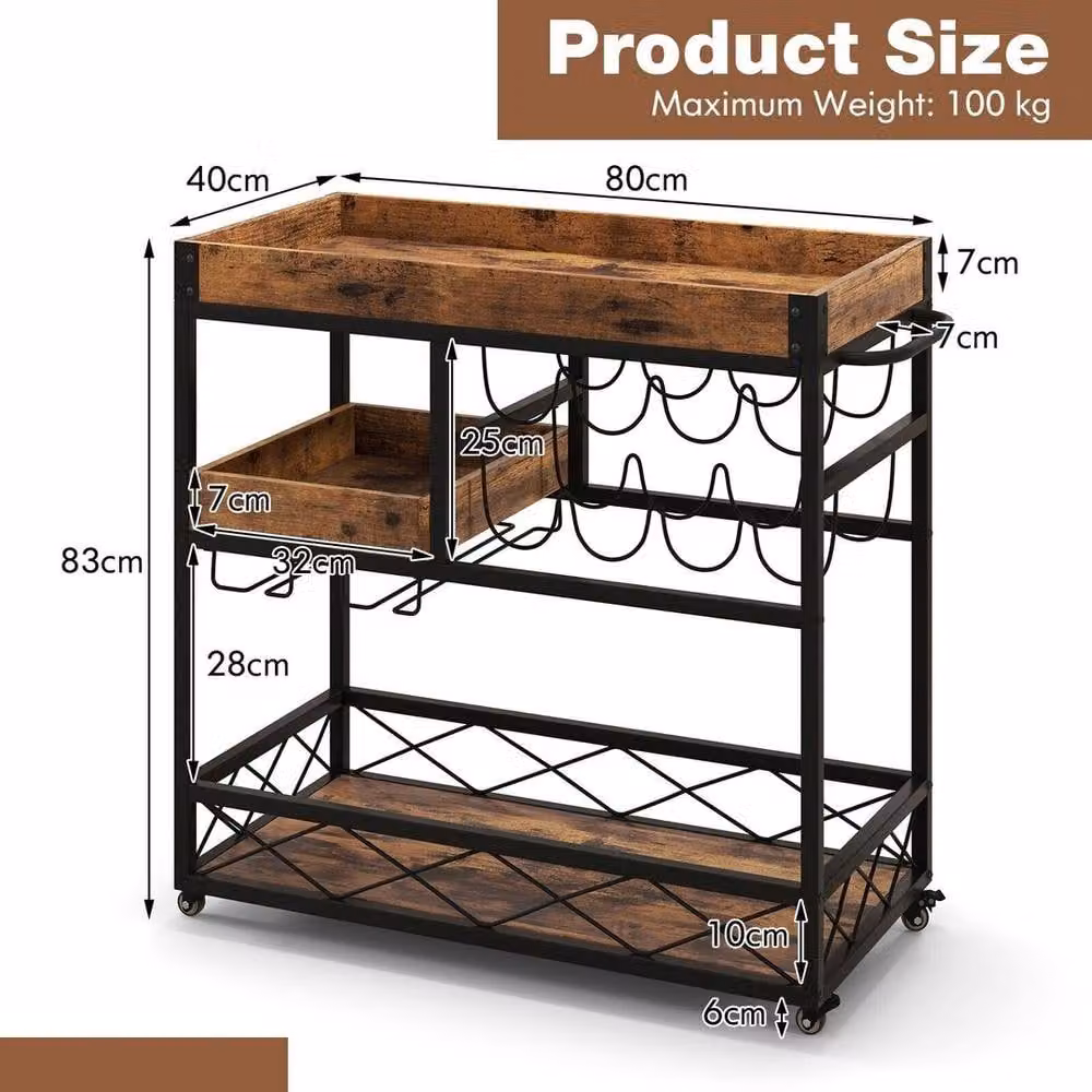 KORVIXA 3-Tier Vintage Kitchen Serving Cart, Brown, W/D/H: 100 x 100 x 100 cm – 2