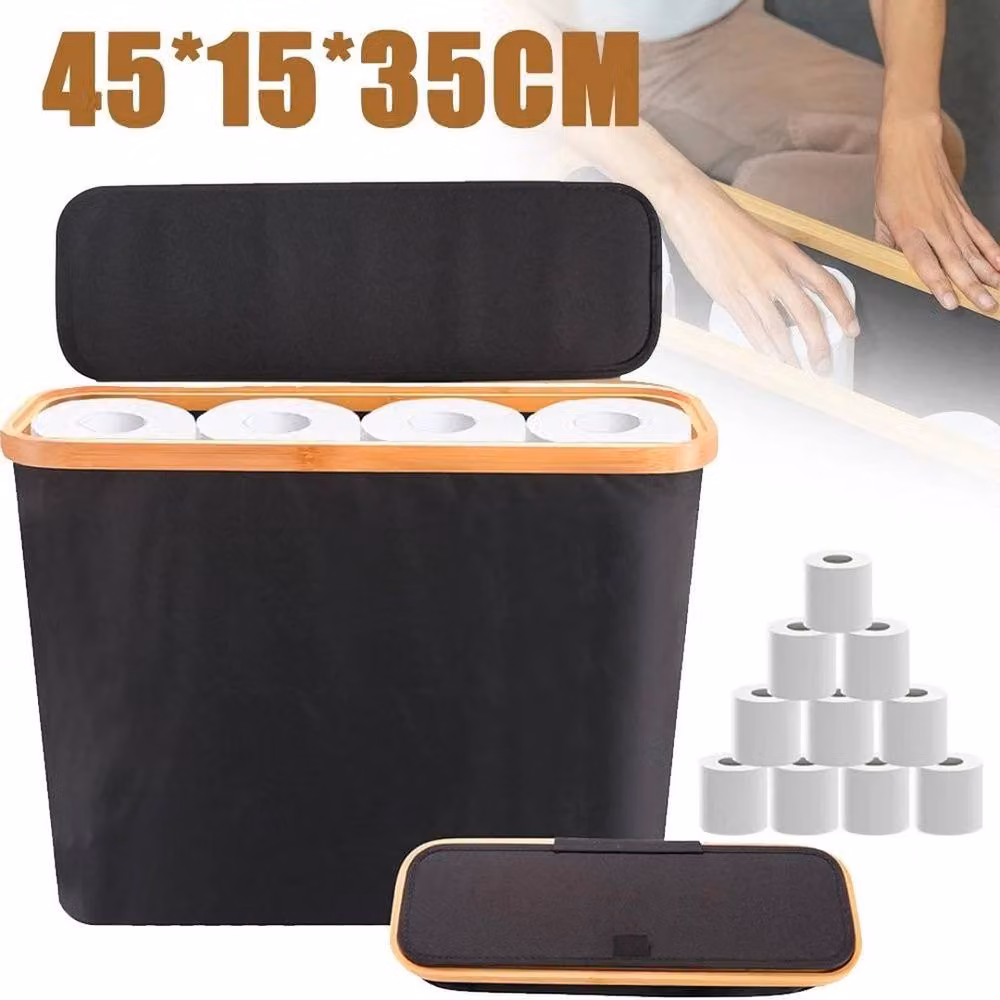 KORVIXA Black Bamboo Waterproof Freestanding Toilet Paper Storage Stand with Lid, W: 50 cm, H: 80 cm – 2