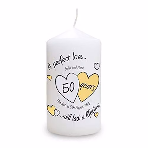 PGW Personalised Golden Wedding Anniversary Keepsake Pillar Candle in Gold and White