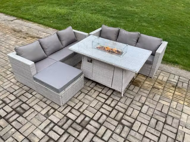 Fimous Garden Outdoor Rattan Dining Set with Gas Fire Pit Table, Gas Heater and Footstool in Light Grey