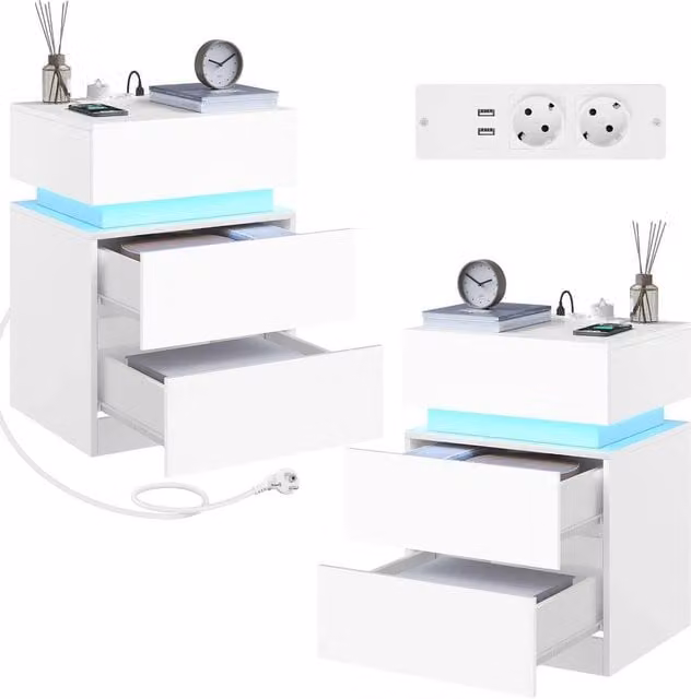 Kelvenix Modern White Bedside Table with Integrated Lighting