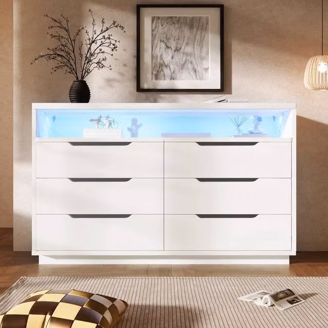 Merax Modern White LED Sideboard Chest of Drawers with Open Marbled Shelf and Integrated Lighting