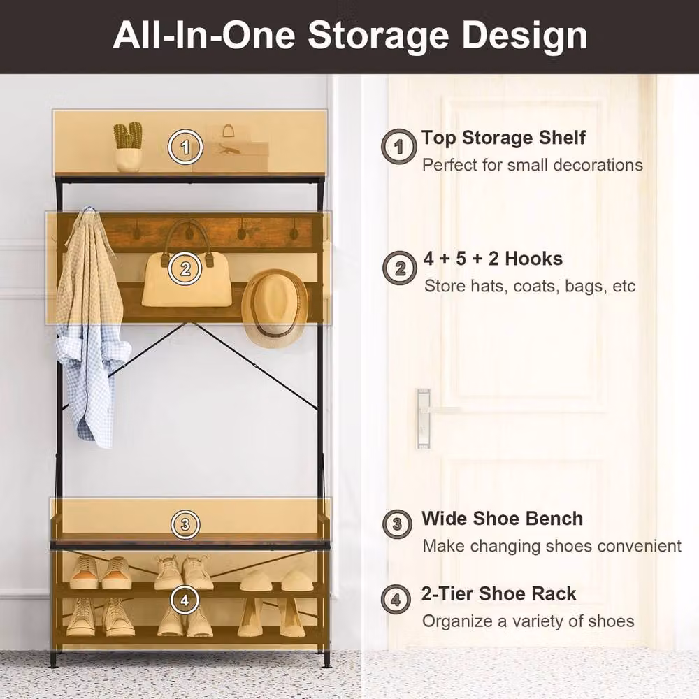 FORGEVIO 4-in-1 Industrial Hall Tree with Shoe Bench and 11 Hanging Hooks, Brown – 2