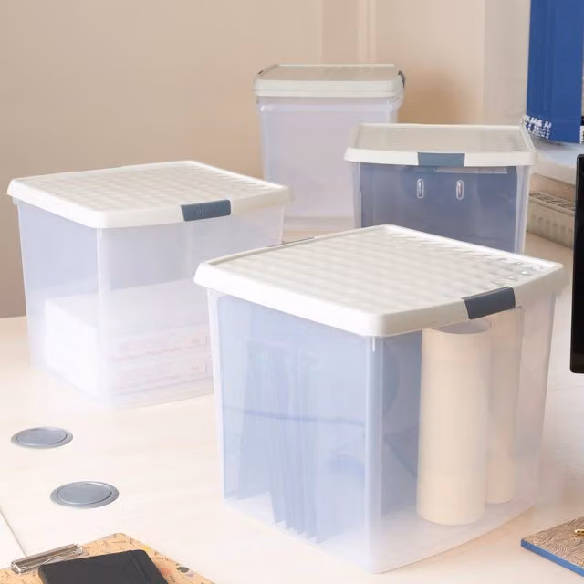 Wham 5 x 37L Square Plastic Storage Boxes with Lids, Beige and Yellow