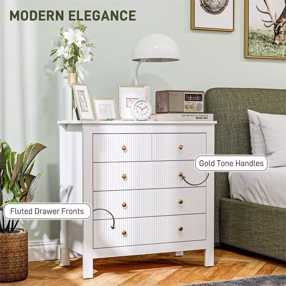 EONLION Modern 5 Drawer White Bedroom Chest of Drawers with Gold Details, Width: 100 cm – 3