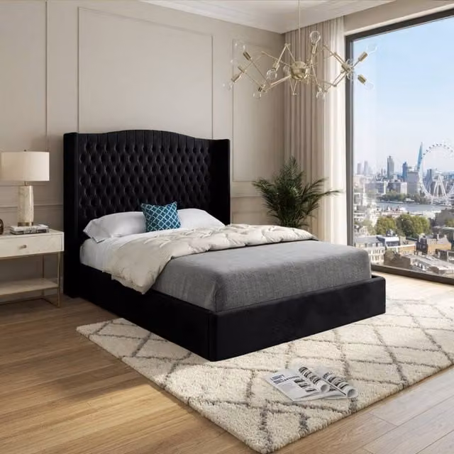 KDMD Stockcross Winged Upholstered Designer Bed Frame in Black Soft Velvet, W/D/H: 200 x 189 x 137 cm – 1