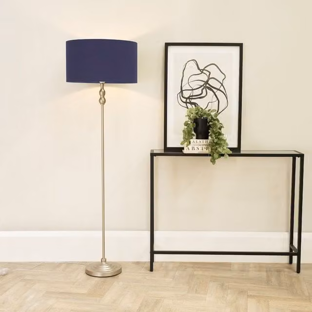 ValueLights Maggie Brushed Chrome Candlestick Floor Lamp with Navy Fabric Shade and LED Bulb