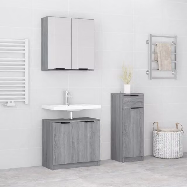 Berkfield Home 3 Piece Grey Sonoma Modern Wall Mounted Bathroom Cabinet Set