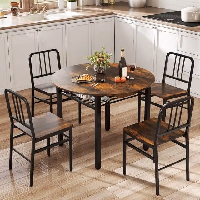 Costway Industrial Round Dining Set with Table and Chairs in Brown