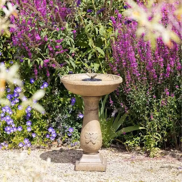 Primrose Butterfly Brook Solar Bird Bath with Lights in Yellow
