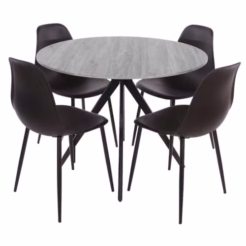 Core Products Aspen 5-Piece Dining Set with Round Grey-Oak Effect Table and 4 Black Ergonomic Curve Plastic Chairs – 1