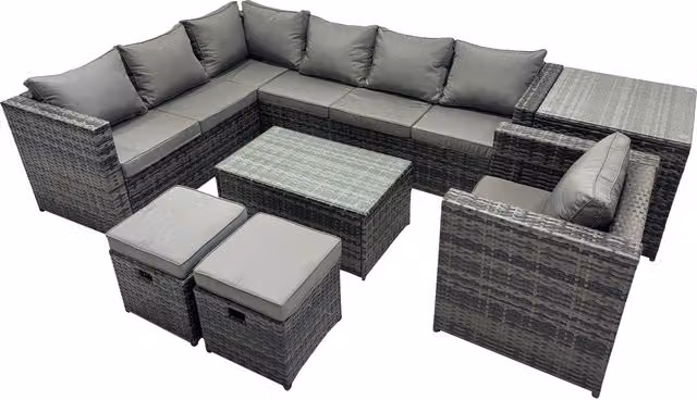 Fimous 9-Seater Dark Grey Rattan Outdoor Corner Sofa Set with Tempered Glass Coffee Table
