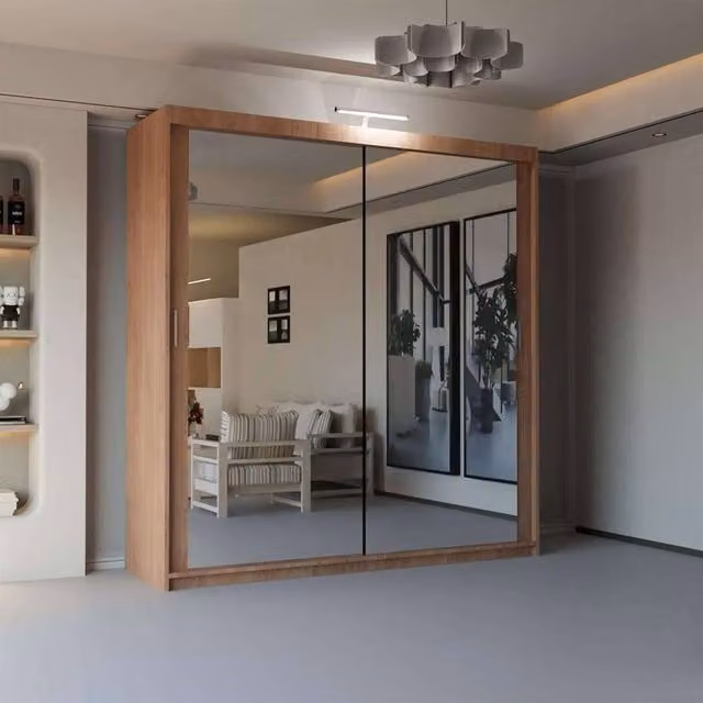 Sliding Wardrobes 4U Modern Mirror Sliding Wardrobe with Integrated LED Light, Walnut, W: 180 cm, H: 217 cm