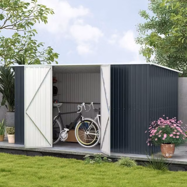 OUTSUNNY Grey Galvanised Metal Pent Garden Shed with Lockable Doors – 1