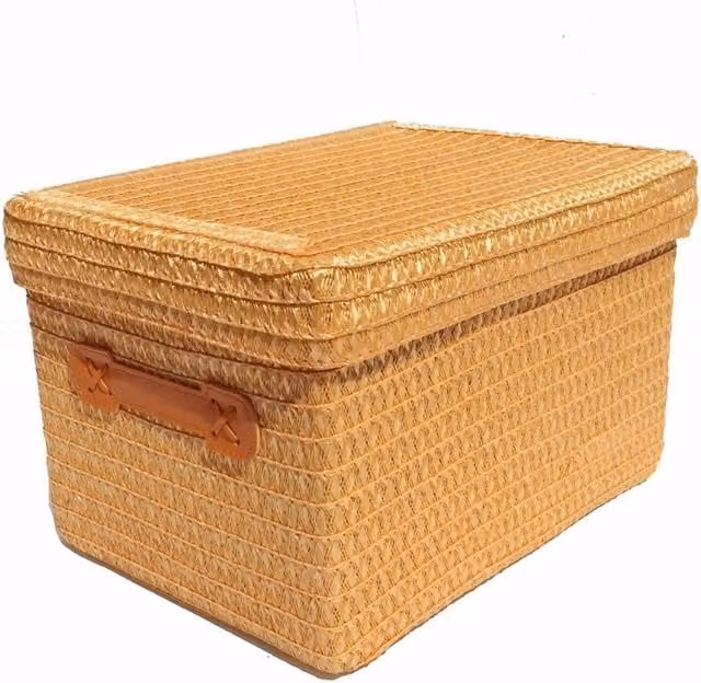 Topfurnishing Orange Seagrass Storage Basket with Handles and Lid, Height: 23 cm