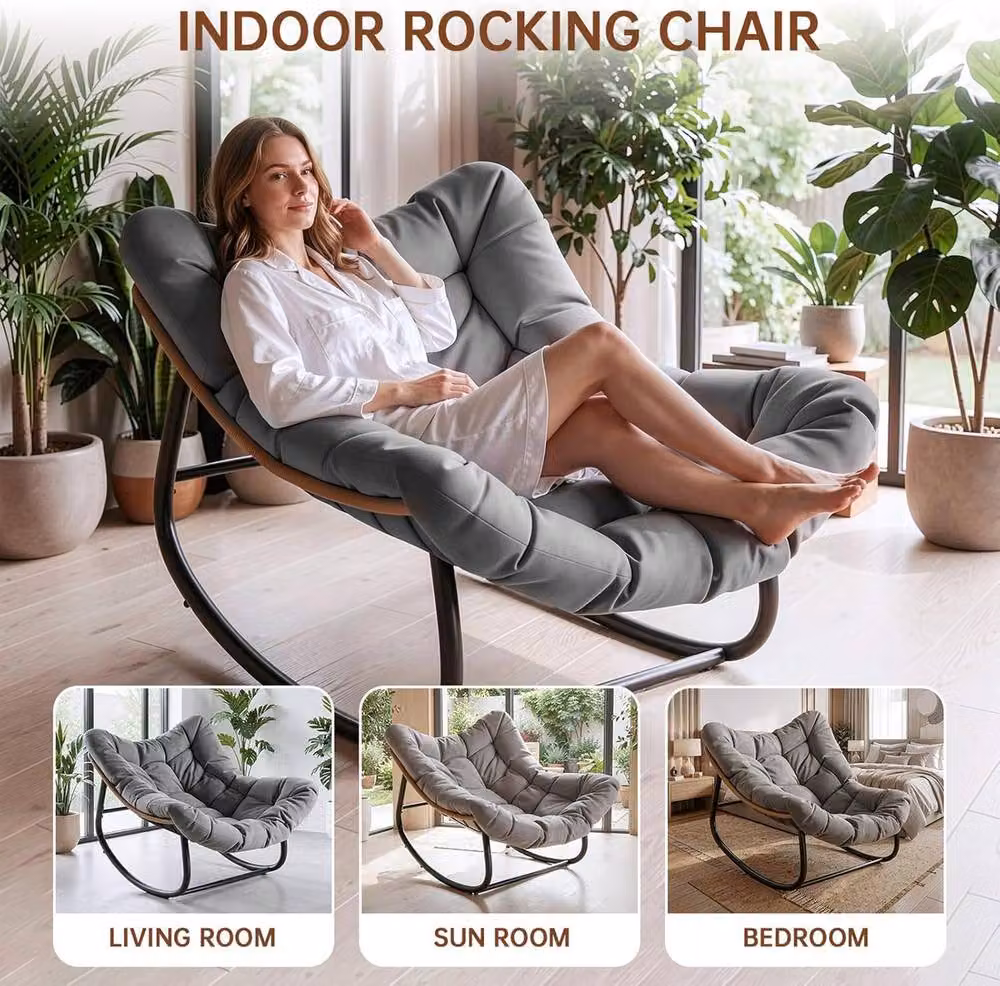 Gartistgo Oversized Egg-Shaped Rocking Chair with Thick Cushion and Metal Frame in Dark Grey – 6