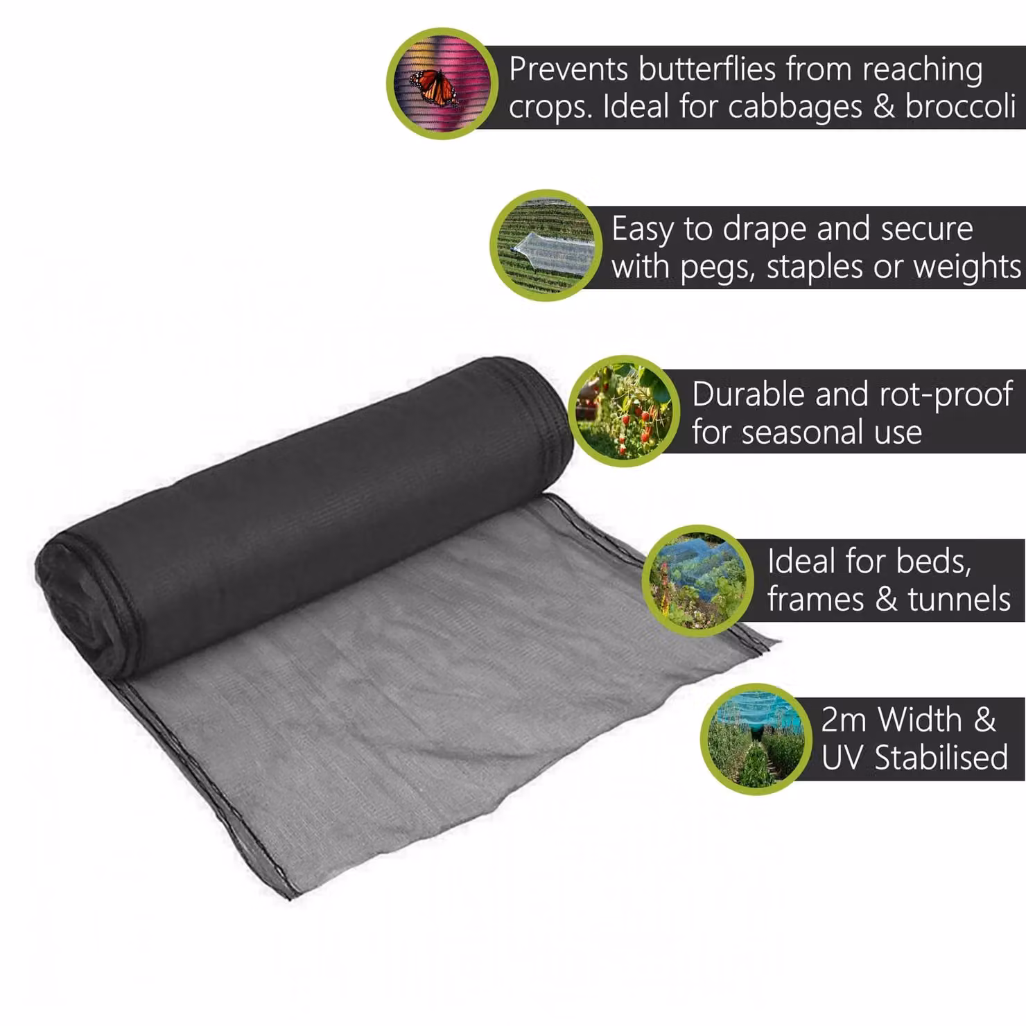 Pegdev Black UV Stabilised Butterfly Netting Mesh for Vegetable and Ornamental Garden Protection, 30m – 2
