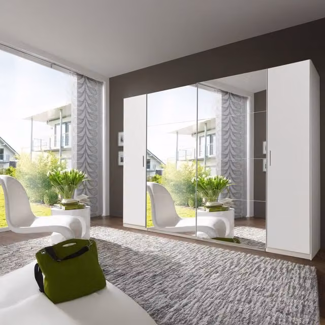 TJS Lotto Modern White Sliding Wardrobe with Glass Doors and Mirror